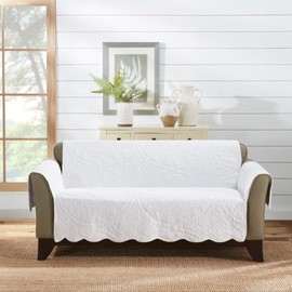 SureFit Heirloom Quilted Cotton Furniture Cover with Scallop Edge, Loveseat Cover, Pet Friendly, Machine Washable, White