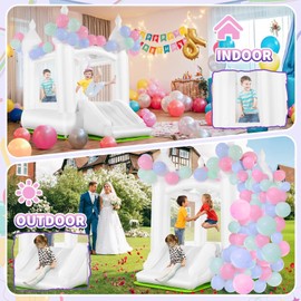 White Bounce House, Inflatable Bouncy Castle for Kids 3-10, Toddler Bouncy House With Slide, Blower, Floor Mat, Balloons, Jumping Castle for Birthday/Wedding Decoration (Without Blower)