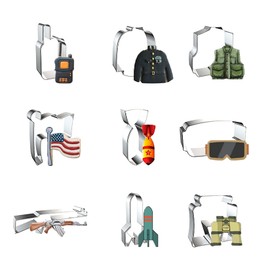 WJSYSHOP Military Cookie Cutters 9-Pc Set – Walkie Talkie Army Service Uniform Tactical Vest Flag Bomb Military Goggle Rifle Gun Missile Military Binoculars - B
