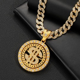 Fachoice Dollar Sign Rotatable Pendant for Men Iced Out Dollar Money Cuban Necklace, Hip Hop Dollar Medal Cuban Chain Necklace Gold CZ Dollar Money Cuban Necklace Men’s Rapper Dollar Symbol Jewelry