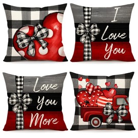 4TH Emotion Valentines Day Throw Pillow Covers 18 x 18 Inch Set of 4, Buffalo Check Spring Farmhouse Holiday Red Gray Cushion Case for Home Sofa Couch Decoration S24V05