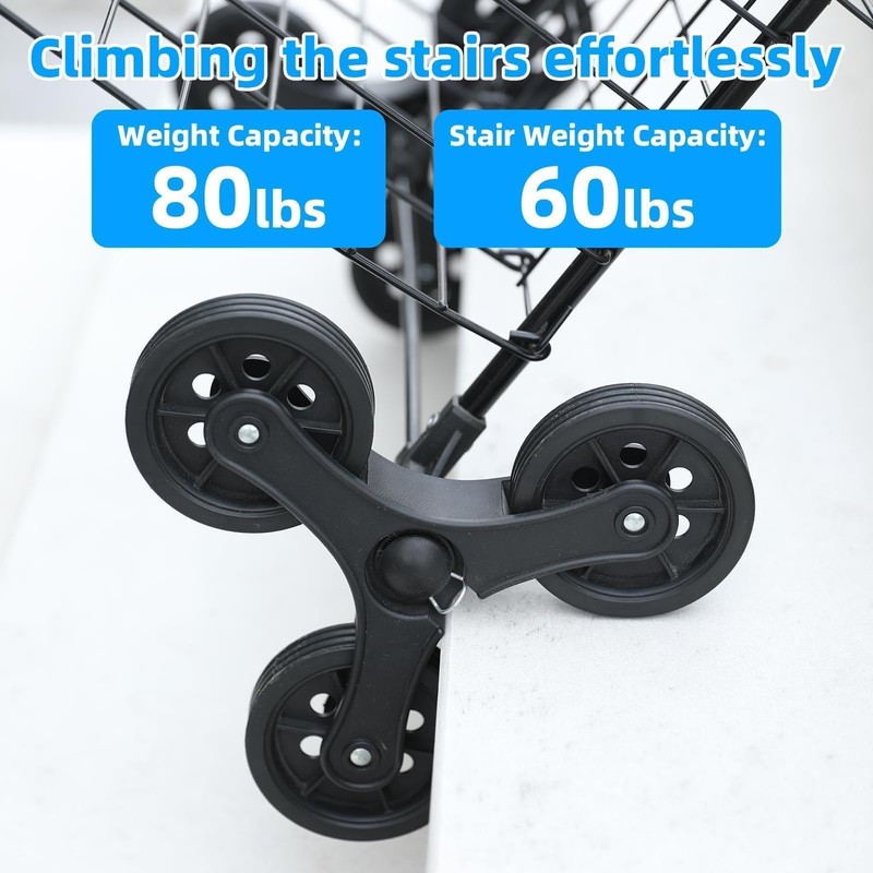 Folding Shopping Cart, Heavy-Duty Stair-Climbing Grocery Cart with 360° Swivel