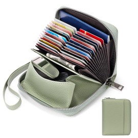 SENDEFN Women's Leather RFID Protection Credit Card Holder Purse with Zip Organ Style Women's Business Card Holder with Many Compartments, A06-Mint Green, Fastened