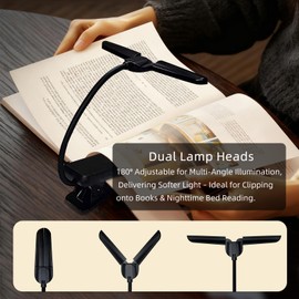Ruoaueob Portable USB Rechargeable Reading Lamp - Dual Heads for Wider Light, Touch Control, 8-Level Dimming + 3 Color Temp Memory (Eye-Caring), 360° Rotatable Pole, Ideal for Nighttime Bed Reading