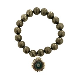 T. VICTORIA Chunky Pyrite Prosperity Abundance Gold Stalactite Charm Beaded Healing Crystal Wealth Gemstone Stretch Bracelet 7"