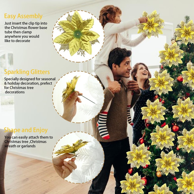 GREENTIME 12 Pcs Glitter Poinsettia Artificial Flowers Christmas with Clips