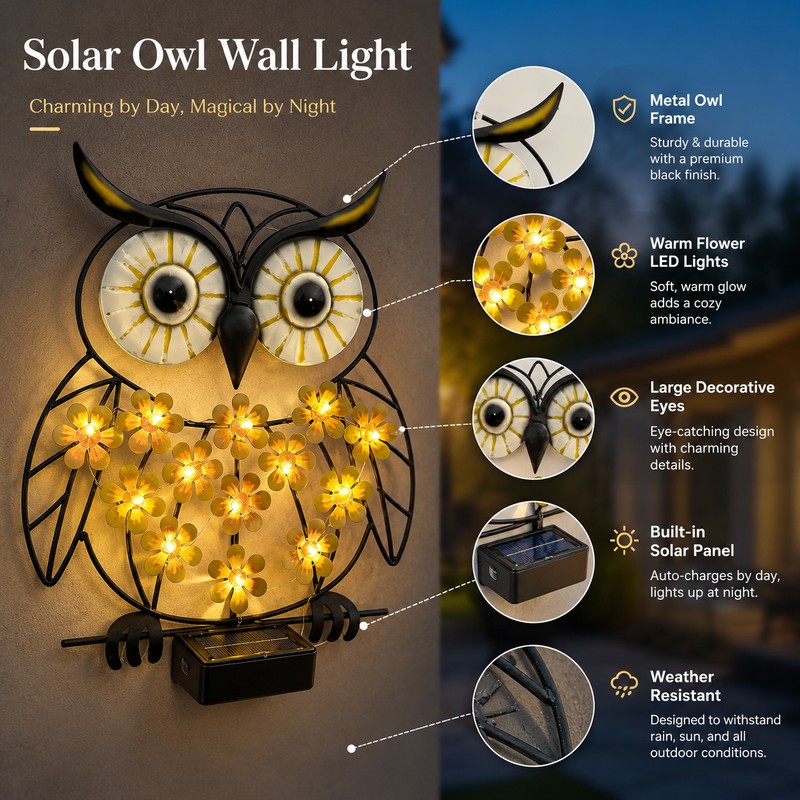 Owl Solar Wall Light for Outdoor Decor – Metal LED