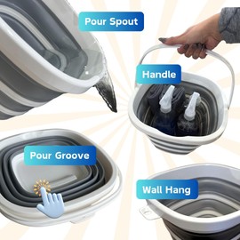 Collapsible Bucket 10L (2.6 Gallon) – BPA-Free Folding Silicone with Handle, Spout & Hook | Compact, Space-Saving for Cleaning, Car Wash, Camping, Beach, and Outdoor Use (Grey)