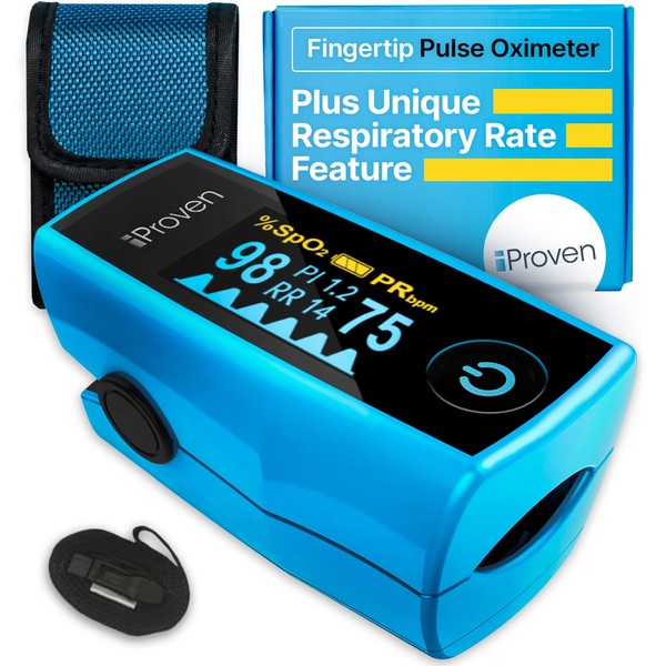 iProven Blood Oxygen Monitor Fingertip, Oximeter Measures Pulse Rate, Respiratory Rate, Oxygen Saturation (SpO2), and Perfusion Index, including Batteries and a Lanyard.