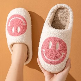 Pantuflas de cara sonriente para mujer, pantuflas de felpa suave, pantuflas retro con cara sonriente, pantuflas de cara feliz, pantuflas acogedoras para interiores y exteriores, zapatos