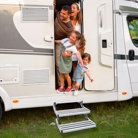 RVSNAIL RV Steps, 2-Step, Manual Retractable RV Steps, 400 LBS Load Capacity, Foldable Aluminum Alloy Camper Steps, Thickened Steel Plate Trailer Steps, Non-Slip Design, Ideal for RV, Trailer, Camper