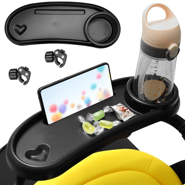 3 in 1 Stroller Cup Holder with Snack Tray & Phone Holder, Universal Stroller Snack Tray for Baby Bottle, Removable Stroller Tray for Watch Video On Travel, Stroller Attachment Stroller Accessories