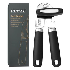 Manual Can Opener, UHIYEE Premium Can Opener Without Sharp Edges, Manual Can Opener Made of Stainless Steel with Multifunctional Bottle Opener, Black