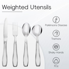 Weighted Utensils for Hand Tremors and Parkinsons Patients, Weighted Stainless Steel Flatware Set, Adaptive Eating Flatware Helps Hand Tremors, Parkinson, Arthritis, Knife, Fork, 2 Spoons and Bag