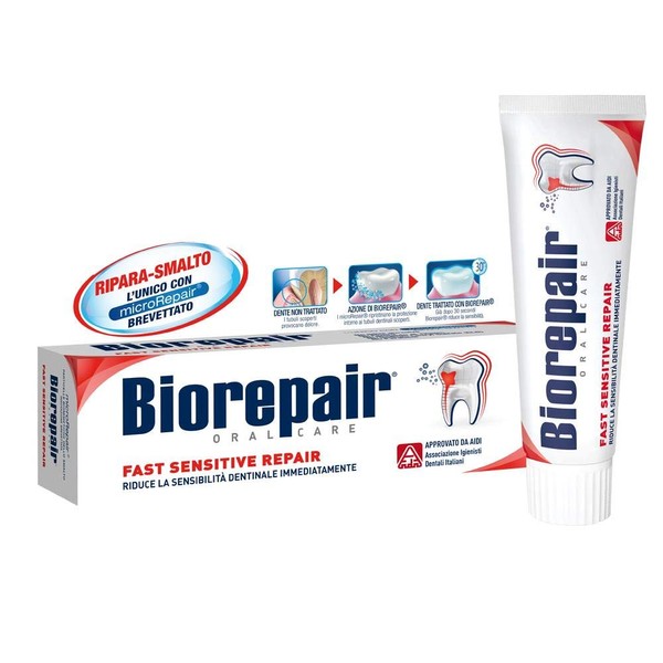 Biorepair:"Fast Sensitive Repair" Toothpaste with microRepair, New Formula - 2.5 Fluid Ounce (75ml) Tube [ Italian Import ]