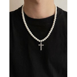 Stocking Stuffers Pearl Necklace Men Cuban Link Chain Necklace for Men Pearl Layered Neckklace Dainty Gold Paperclip Chain Necklace Christmas Gifts for Men