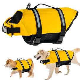 FainFun Dog Life Jacket, Orange, for Small and Large Dogs, Ripstop and Reflective, Adjustable Size with Strong Buoyancy and Swimming, Rescue Handle (Yellow, L)
