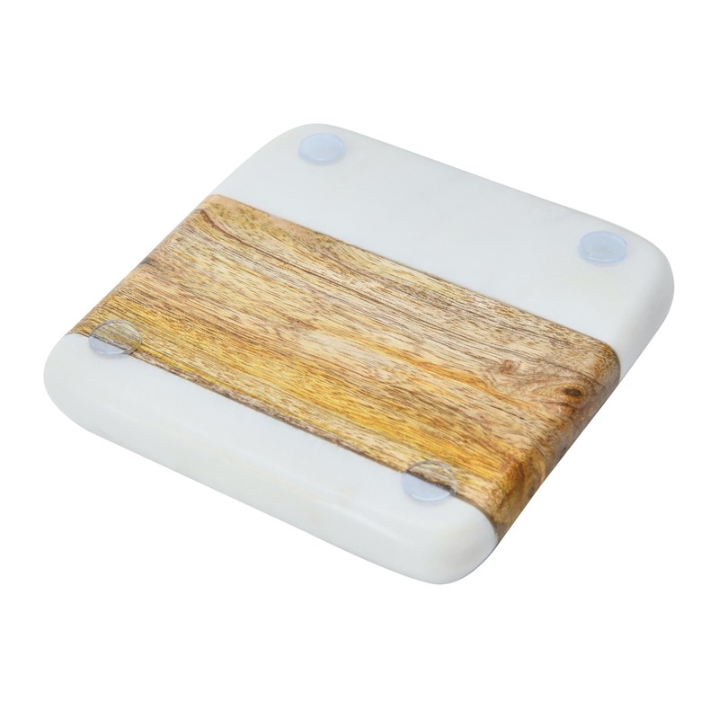 Creative Co-Op Marble & Acacia Wood, White & Natural, Set