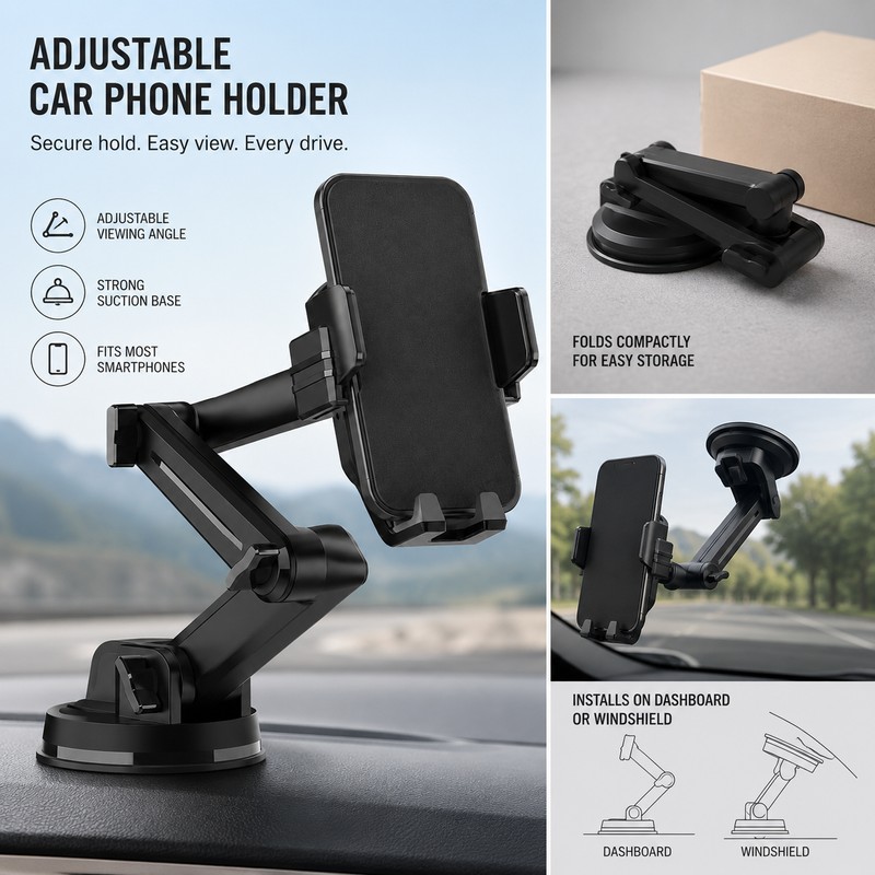 Car Phone Mount for Navigation – Adjustable Height Suction Cup