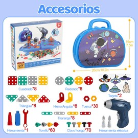 Juego de Herramientas para Niños, 206PCS Juguet Construccion con Taladro Eléctrico, DIY Herramientas de Juguete Espaciales, Juguetes Educativos de Montaje, Construye Coches, Animales, Robots (Azul)