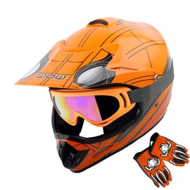 WOW Youth Kids Motocross Helmet BMX MX ATV Dirt Bike Helmet Spider Orange + Goggles + MG Youth Orange Glove Bundle