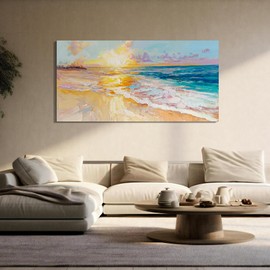 Beach Wall Art for Living Room, Ocean Canvas Wall-Decor for Bedroom, Sunset Picture Print for Home, Lager Size 58x29 Inches