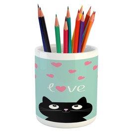 Lunarable Valentines Pencil Pen Holder, Kitty Heart Cat Companions Illustration, Ceramic Pencil Holder for Desk Office Accessory, 3.6" X 3.2", Seafoam Pink Black