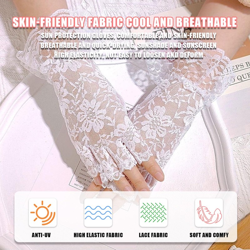 Tidyworm Women's Lace Gloves, Fingerless, UV Protection, Summer, Stylish, Floral