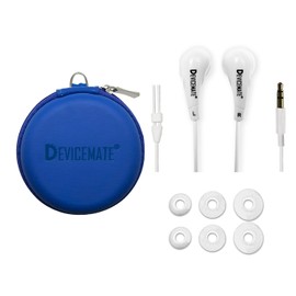 DEVICEMATE Auriculares intrauditivos, auriculares con cable, auriculares ergonómicos. Estéreo, aislamiento de ruido, ajuste cómodo, calidad duradera, compatible con dispositivos Apple y Android. Sin micrófono. Funda azul para auriculares
