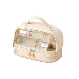 HXIELEC Multi-Functional Women's Portable Transparent Travel Cosmetic Bag, Double Layer Makeup Brush Bag and Toiletry Bag, Light Beige