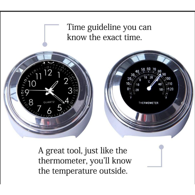 TESWNE7/8 1" Motorcycle Handlebar Chrome White Dial Clock and Thermometer