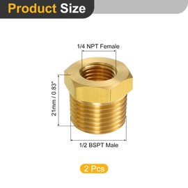sourcing map 2Pcs 1/2 BSPT Male x 1/4 NPT Female Brass Reducer Hex Bushing Threaded Pipe Fitting, Brass Threaded Pipe Fitting Adapter for Water, Gas, Oil Pipeline Systems