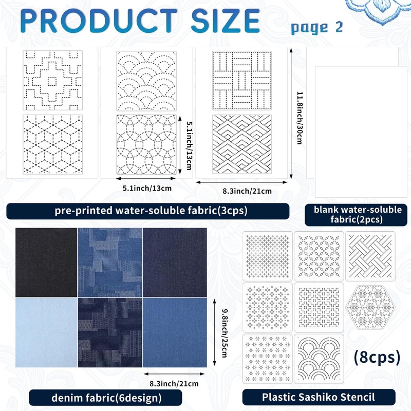 52PCS Sashiko Embroidery Kit with Threads, Needles, Thimble, Plastic Stencils,