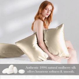 D&S Global 100% Mulberry Silk Pillowcase for Hair and Skin Health, Soft and Smooth, Natural Hypoallergenic, with Hidden Zipper (Standard 50x66 cm, Champagne)