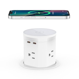 Pop up Outlet for Countertop with 15W Wireless Charger,4 Outlets 2 PD20W USB-C Ports,3.35 ''(85mm) Desk Hole Power Grommet,Pop Up Power Outlet for Kitchen Countertop,Office Conference Table (White)