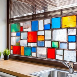 HOMETITUTE Color Block Stained Glass Window Privacy Film Static Cling Decorative Windows Film Rainbow Glass Sticker Frosted Window Clings UV Blocking Windows Tint 39.3x17.7 Inch