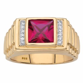 PalmBeach Men's Yellow Gold-Plated Sterling Silver Square Cut Created Red Ruby or Blue Sapphire and Diamond Accent Ring Size 8