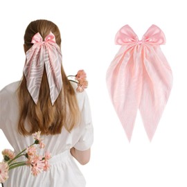 Hair Bows for Women,Big Silky Stain Hair Ribbon Hair Bow Clips With Long Tail,French Barrettes for Girls Accessories,Pink