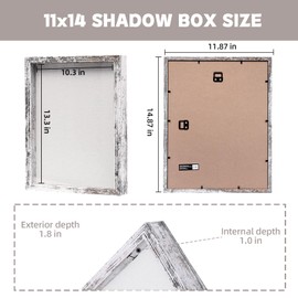 Muzilife 11x14 Shadow Box Picture Frame with Linen Board - Deep Wood & Glass Display Rustic Case Ready to Hang Memorabilia, Pins, Awards, Medals, Wedding, Tickets, and Photos, Rustic White