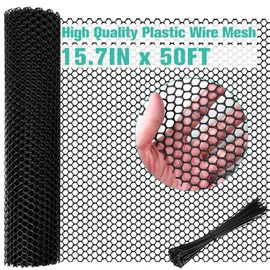 Plastic Mesh Fence Sheet 15.7IN x 50FT - 0.3IN Opening Plastic Chicken Wire Netting Roll Durable for Dogs, Poultry, Puppy, Garden Snake Barrier with 50 Pcs Zip Ties - Black