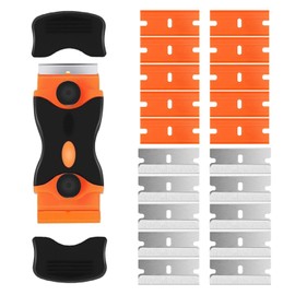 Window Scraper Tool with 10 Metal +10 Plastic Blades, Non-Scratch Double Edged Glass Sticky Remover, Multi-Purpose Ceramic Hob Scraper Oven Cleaning Tool for Stickers Labels Decals Wallpaper (Orange)