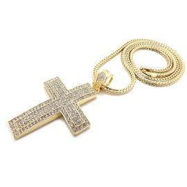 Icemond Men's Large Rhinestone Studded Cross Pendant on 4mm 20"/24"/30"/36" Franco Chain Necklace in Gold or Rhodium Tone (Gold - 24" Franco Chain)