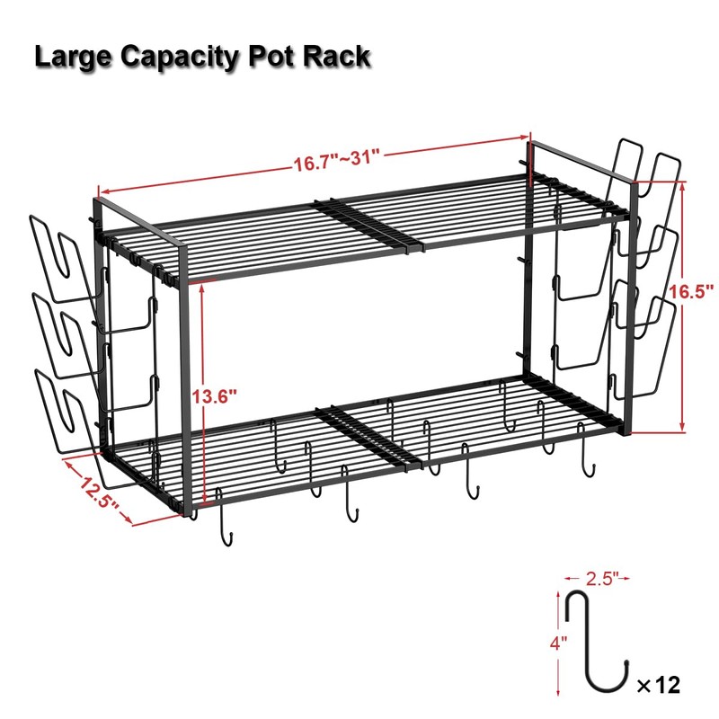 Homics 31 Inch Pot Rack Wall Mounted, 2-Tier Hanging Pots