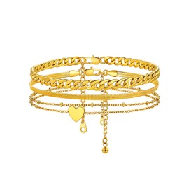 ChainsHouse Anklet Set for Women Girls Adjustable Anklet Stainless Steel Snake Chain/Curb Chain/Paperclip Chain/Pearl Necklace with Heart, 2/3 Piece Anklet, Waterproof Summer Beach Foot Jewellery