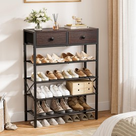 UNITSTAGE Shoe Rack for Entryway, 5 Tier Shoe Organizer with 2 Non-Woven Drawers, Metal Storage Shoe Shelf for 16-20 Pairs of Shoes, with Wooden Top and Steel Frame, Shoe Stand for Closet Dark Brown