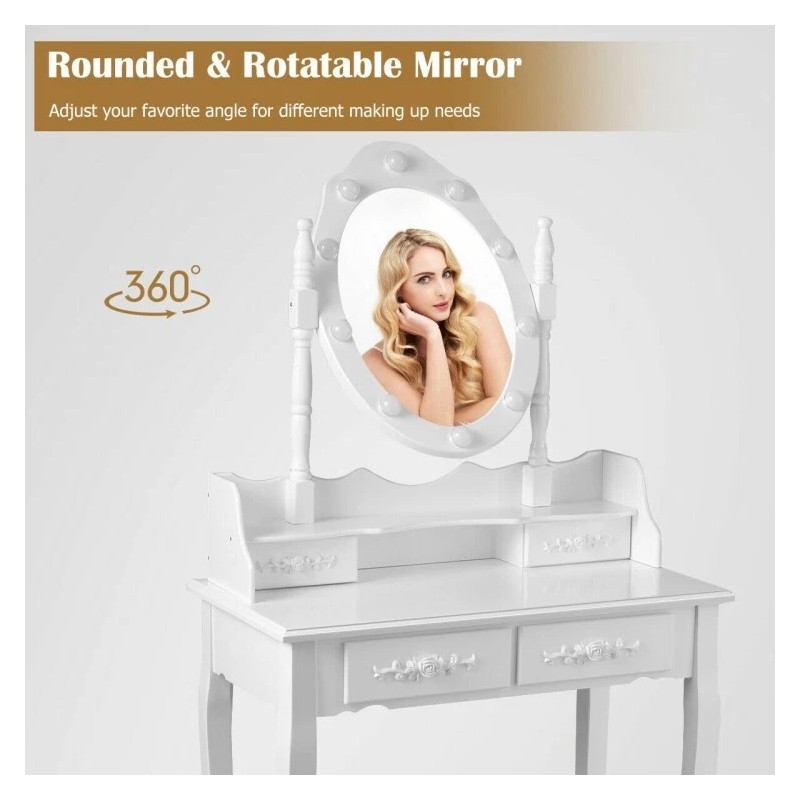 Costway Modern Dressing Table Set Makeup Vanity Desk w/Dimmable Bulbs