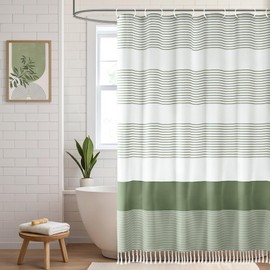 NDDYCU Sage Green Shower Curtains for Bathroom Boho Cotton Striped Shower Curtain with Tassel 72 X 72