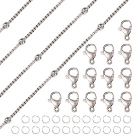 Cadena de caja de acero inoxidable 304 de 5 m con abalorio redondas con 40 anillos de salto, 20 cierres de garra de langosta sin soldar para hacer collares, pulseras, joyas