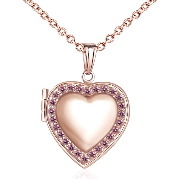 YOUFENG Love Heart Locket Necklace Holds Pictures Paved Blue Red White CZ Rose Gold Charm Living Memory Lockets (Rose gold Locket)