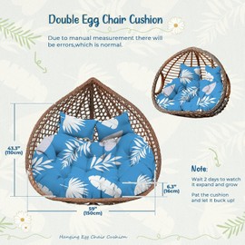 Uthem Double Egg Chair Cushion Replacement Waterproof for Outdoor Patio Hanging Basket Egg Chairs, 59x43-Inch Thickened 100% Cotton Large Double Eggs Swing Chair Cushions, Blue Leaf